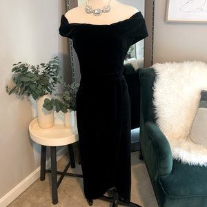 Off shoulder black velvet BHLDN midi evening gown with tags size 14